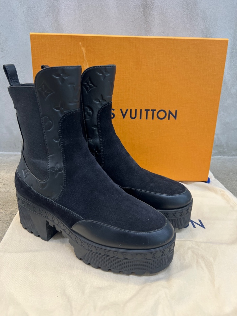 Louis Vuitton Black Suede & Embossed Leather Platform Chelsea Boots